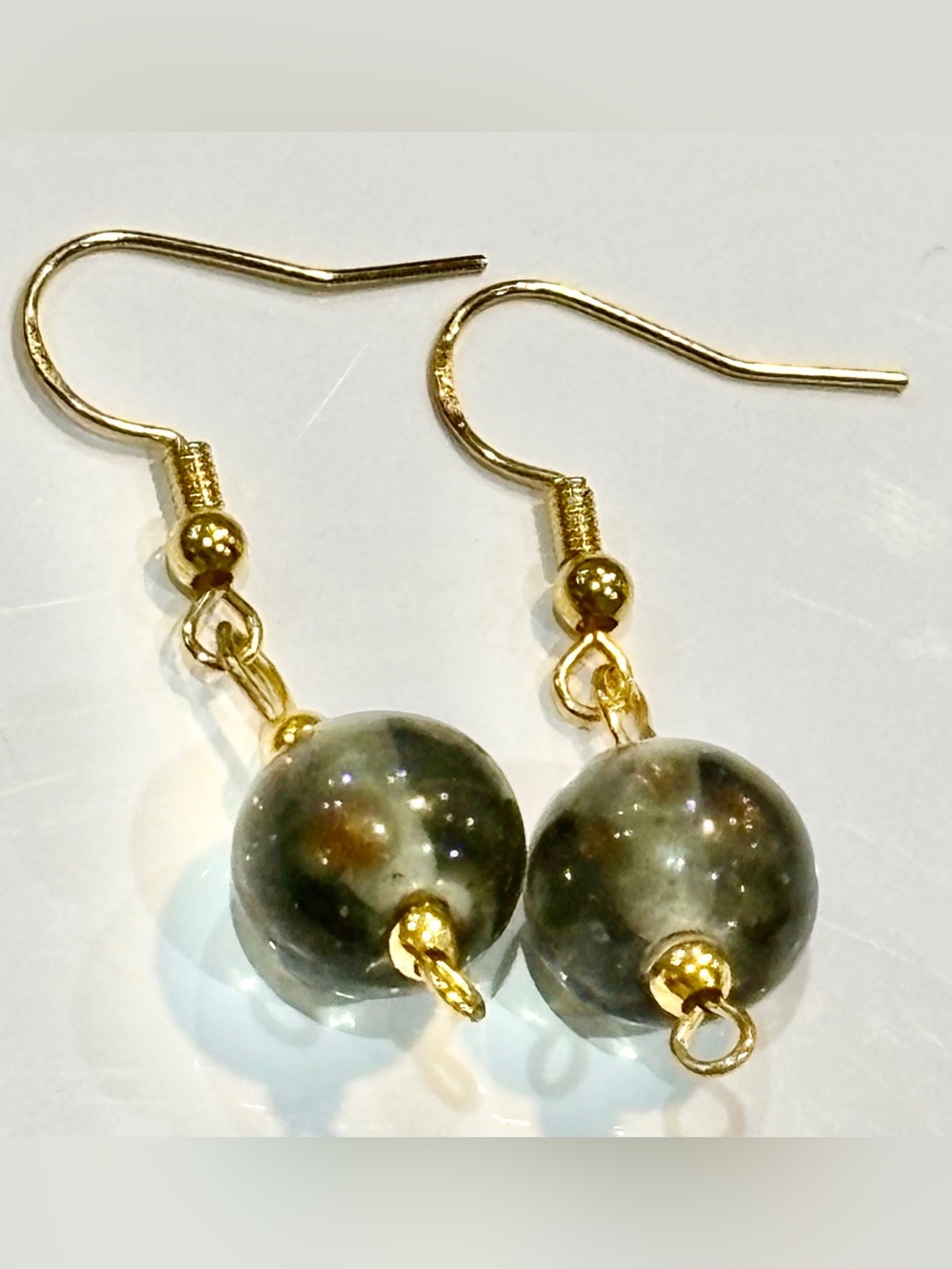 Hand Crafted Gold and Green Swirl 10 MM Glass Bead Drop Earrings